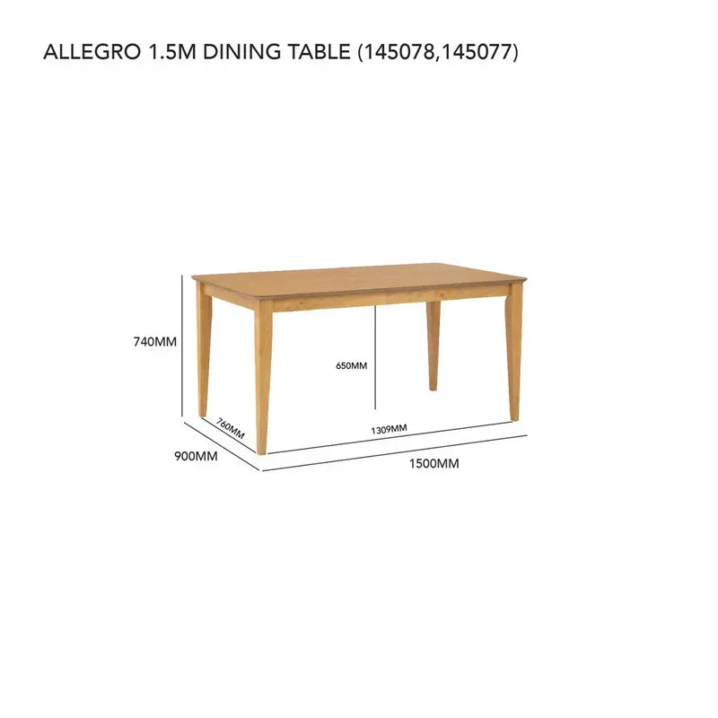 Allegro 1.5m wooden dining table with measurements and tapered legs on white background