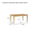 Allegro 1.5m wooden dining table with measurements and tapered legs on white background