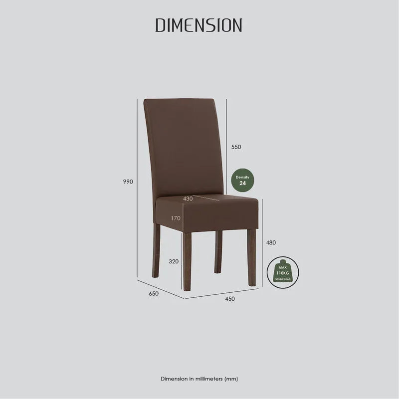 Brown dining chair with dimensions, weight capacity, and density info on a light background