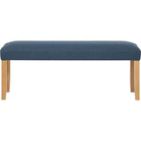 Modern upholstered bench with blue cushion and wooden legs on white background