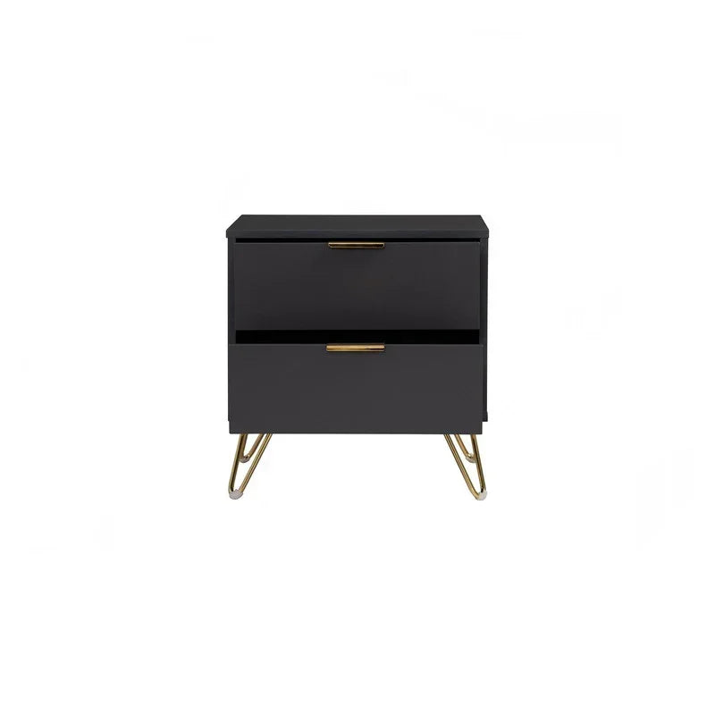 Modern black nightstand with gold handles and hairpin legs, two drawers, white background