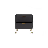 Modern black nightstand with gold handles and hairpin legs, two drawers, white background