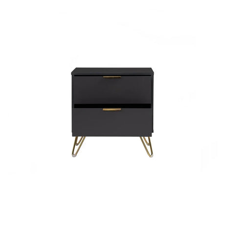 Modern black nightstand with gold handles and hairpin legs, two drawers, white background