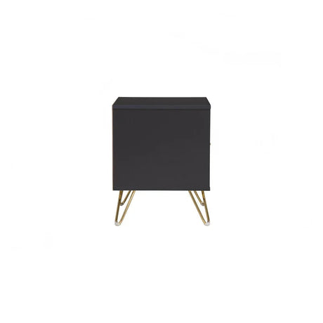 Black modern nightstand with gold metal legs on white background