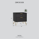 Black modern nightstand with gold legs, two drawers, and labeled dimensions in millimeters