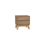 Modern wooden nightstand with two drawers and angled legs on white background