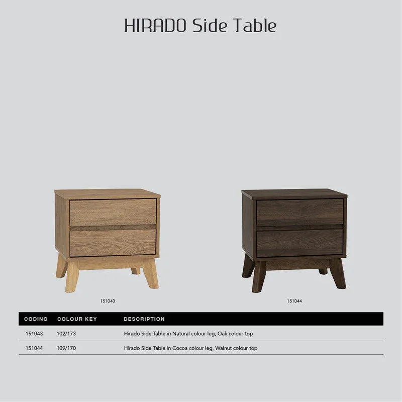 Hirado side tables in oak and walnut finishes, modern wooden two-drawer nightstands