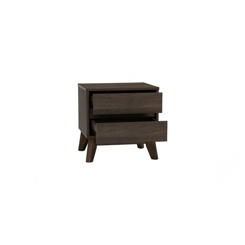 Dark wood nightstand with two open drawers, mid-century modern bedside table