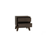 Dark wood nightstand with two open drawers, mid-century modern bedside table