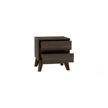 Dark wood nightstand with two open drawers, mid-century modern bedside table