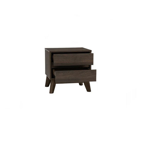 Dark wood nightstand with two open drawers, mid-century modern bedside table