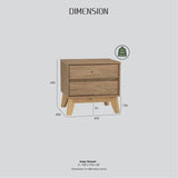 Wooden bedside table with two drawers, displayed with dimensions in millimeters