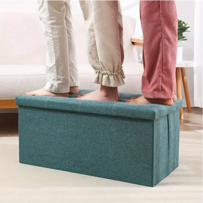 Linen Foldable Storage Stool and Ottoman Dark Green
