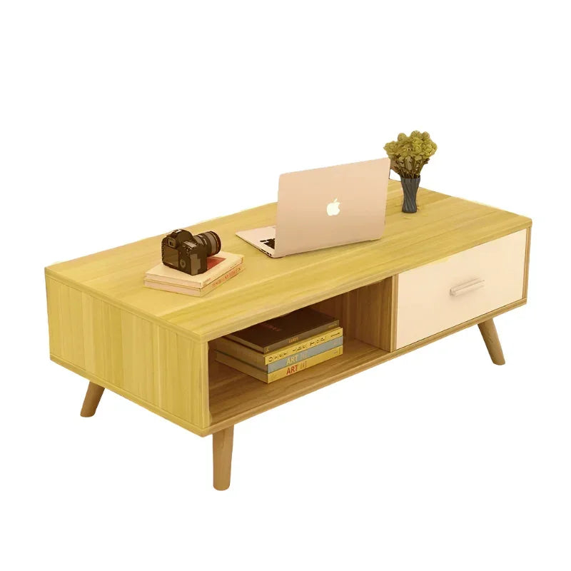 Modern wooden coffee table with laptop, camera, books, and plant on white background