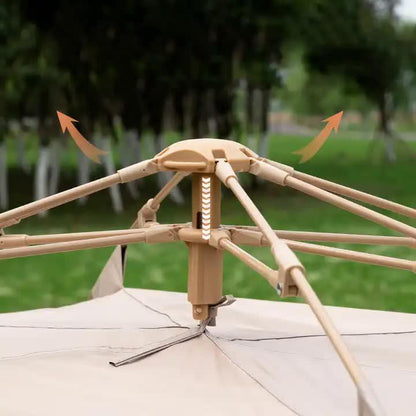 Close-up of brown outdoor umbrella mechanism showing open ribs and fabric canopy with green trees background