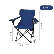 Dark blue folding camping chair with armrests, cup holders, and black metal frame, 84.5cm height