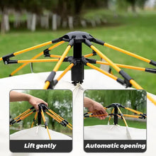 Close-up of a black and orange automatic tent frame mechanism with text instructions for gentle lift and automatic opening outdoors
