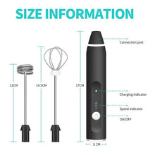 Black handheld electric mixer with two detachable stainless steel whisk attachments, size details shown