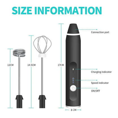 Black handheld electric mixer with two detachable stainless steel whisk attachments, size details shown
