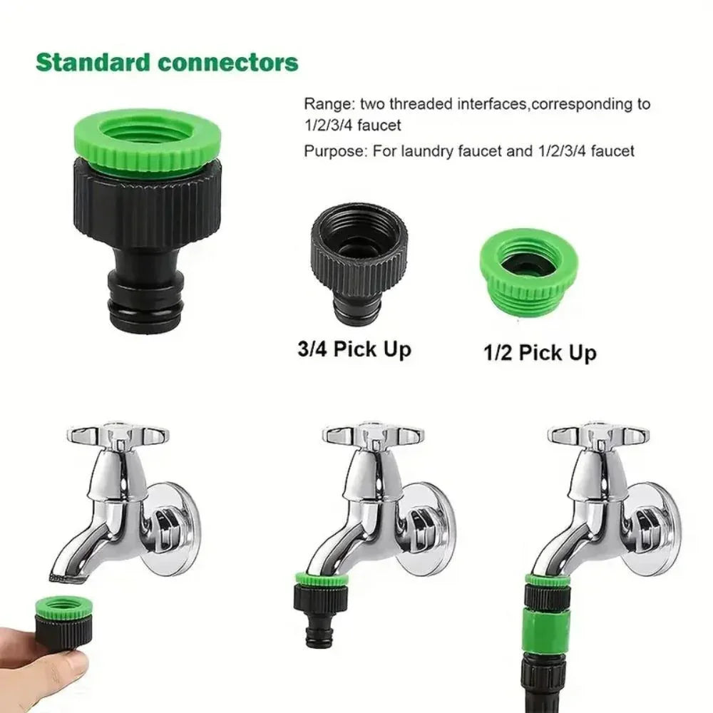 Standard connectors with green and black adapters for laundry faucets, 1/2 and 3/4 inch sizes shown