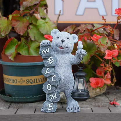 Solar-Powered Welcome Bear Statue with LED Lantern - Stacks Warehouse