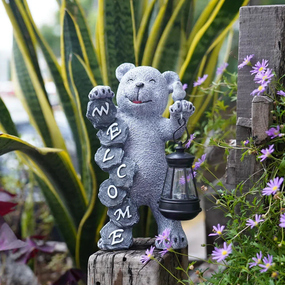 Solar-Powered Welcome Bear Statue with LED Lantern - Stacks Warehouse