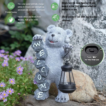 Solar-Powered Welcome Bear Statue with LED Lantern - Stacks Warehouse