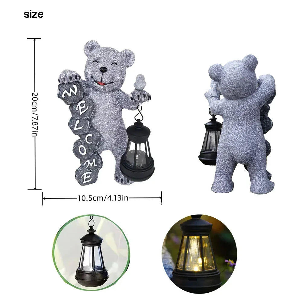 Solar-Powered Welcome Bear Statue with LED Lantern - Stacks Warehouse