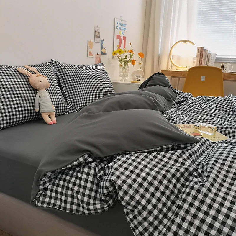 Black and White 4-Piece Cotton Bedding Set Double - Duvet Cover 200x230cm with Bed Sheet