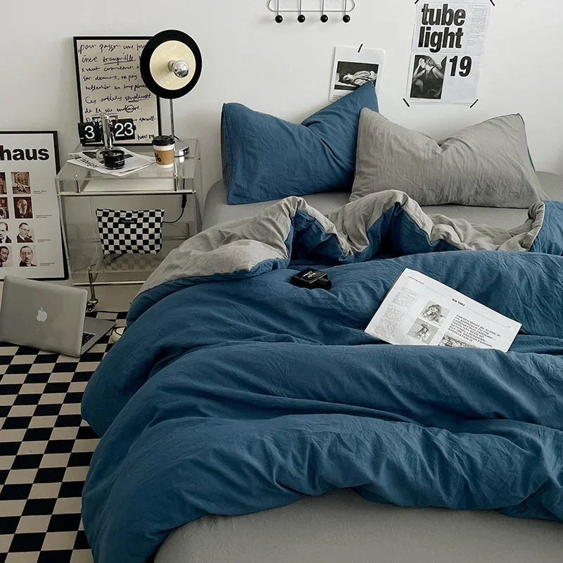 Blue Grey 4-Piece Cotton Bedding Set 1.5m - Duvet Cover 200x230cm with Fitted Sheet