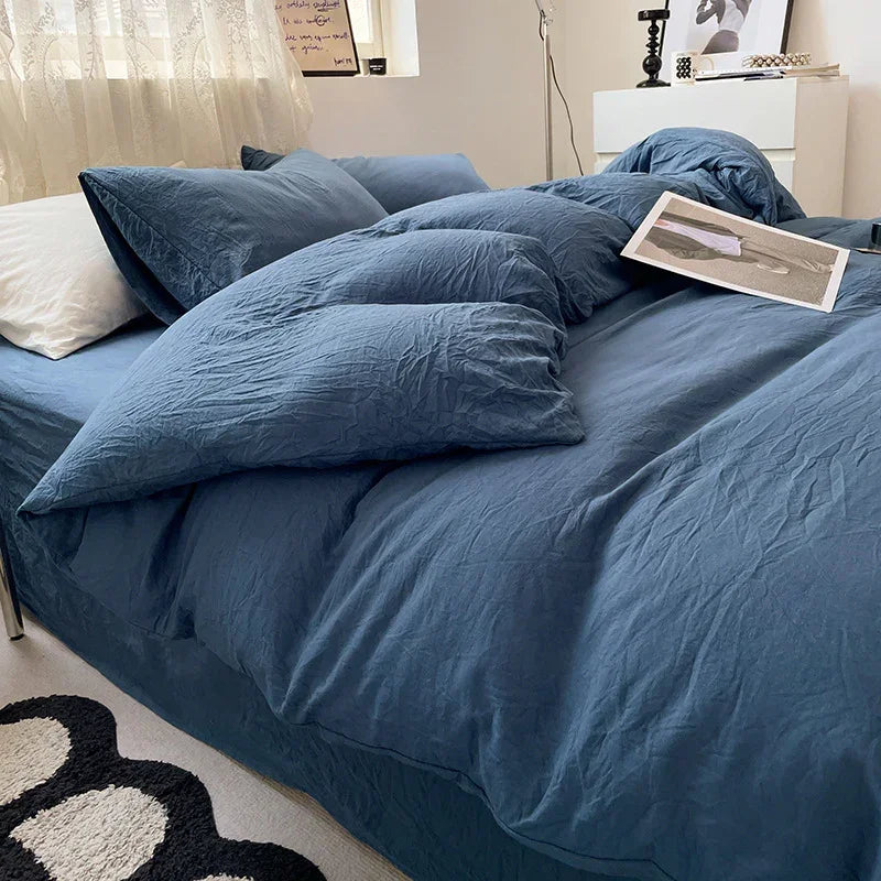 Dark-blue Solid Color Solid Color Solid Color 1.5m Bed Fitted Sheet Set with 200x230cm Duvet Cover - 4-Piece Bedding Set