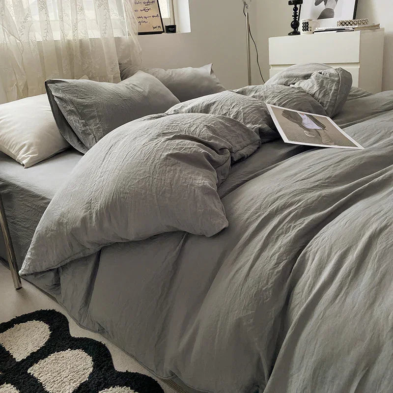 Light-grey Solid Color Solid Color Solid Color 1.5m Bed Fitted Sheet Set with 200x230cm Duvet Cover - 4-Piece Bedding Set