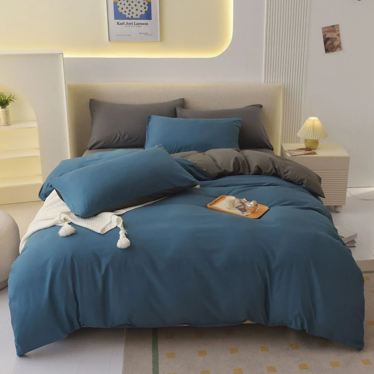 Luxurious Soft Brushed Microfiber 4-Piece Bedding Set Double Dark Blue Grey - Duvet Cover with Fitted Sheet