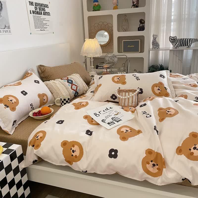 Cartoon Bear 4-Piece Bedding Set Kids Single - Soft Cute Comforter with Pillowcases