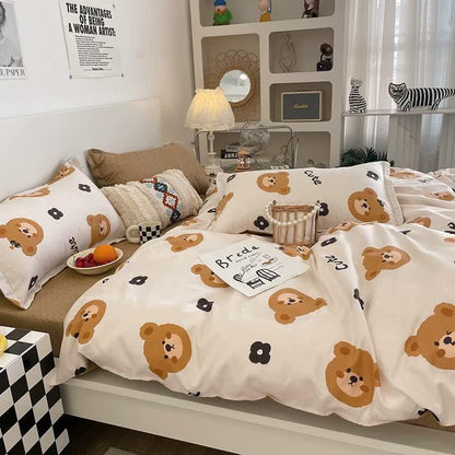 Cartoon Bear 4-Piece Bedding Set Kids Single - Soft Cute Comforter with Pillowcases