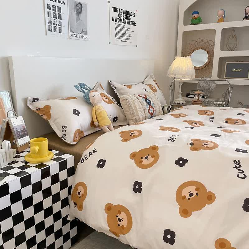 Cartoon Bear 4-Piece Bedding Set Kids Single - Soft Cute Comforter with Pillowcases