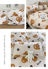 Cartoon Bear 4-Piece Bedding Set Kids Double - Soft Cute Comforter with Pillowcases