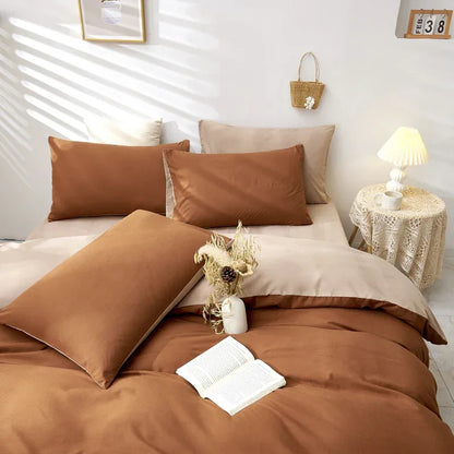 Brown And Khaki Stitching Ultra-Soft Solid Color 4-Piece Bedding Set - Queen Size(Suitable for 2m bed)