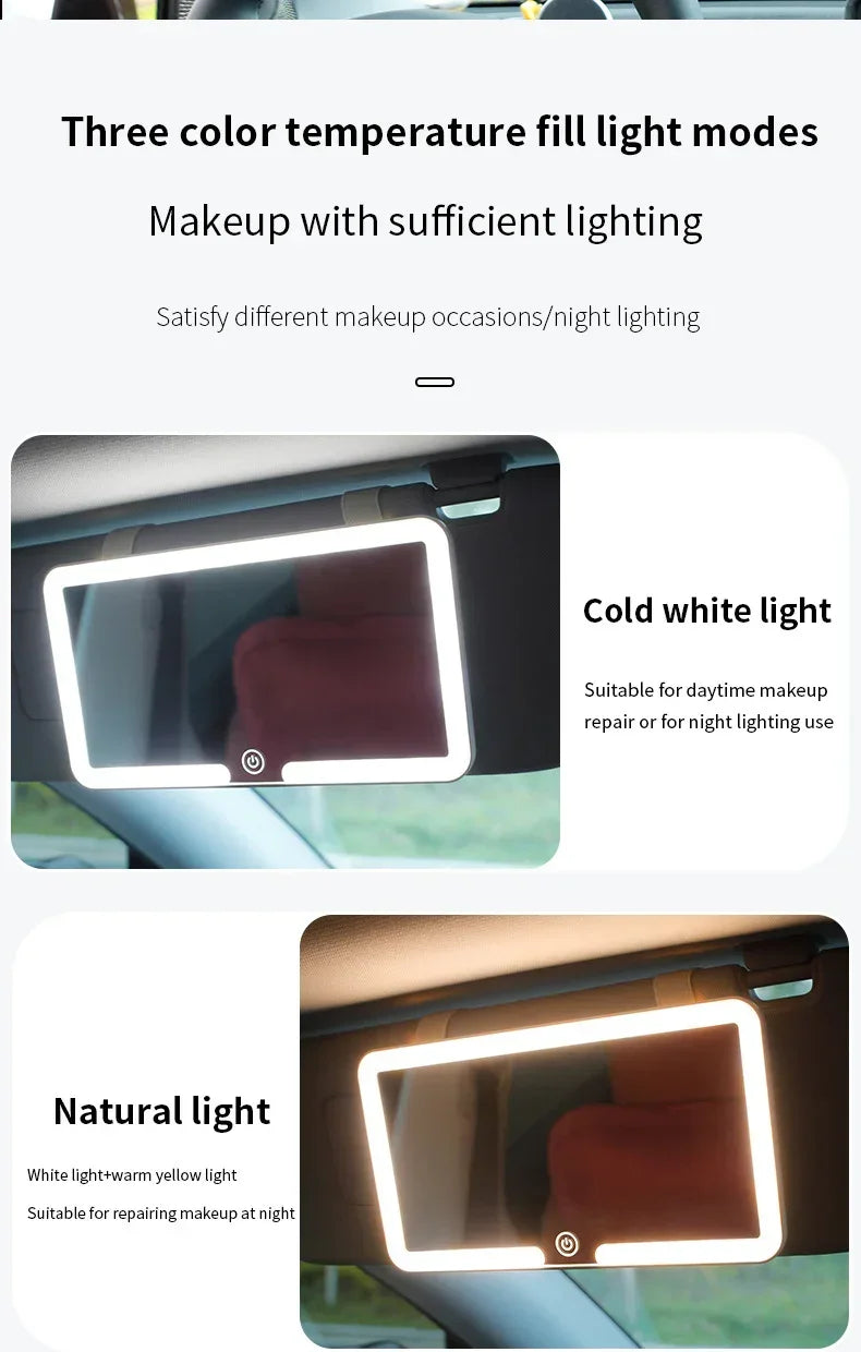 Car Sun Visor Makeup Mirror LED Light Tri-Color White - Touch Control Vanity