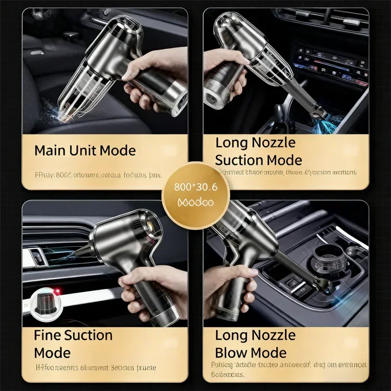 Handheld cordless car vacuum cleaner in four modes, cleaning car seat, vents, and console.