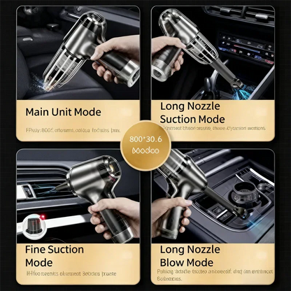 Handheld cordless car vacuum cleaner in four modes, cleaning car seat, vents, and console.