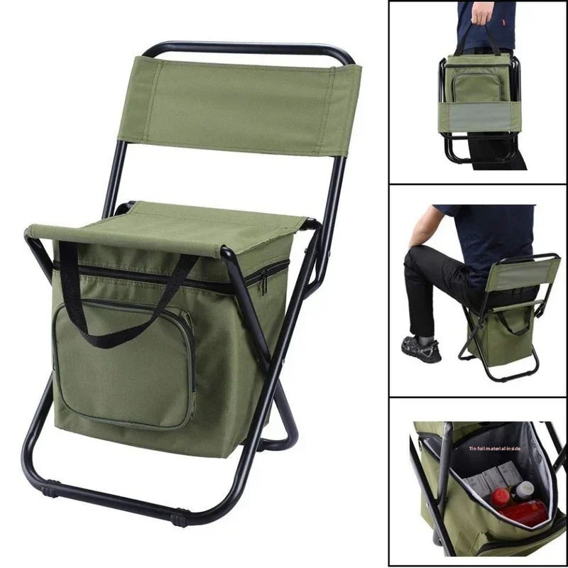 Camping Chair 3-in-1 Folding with 10L Cooler Bag Military Green - Portable Backpack Stool