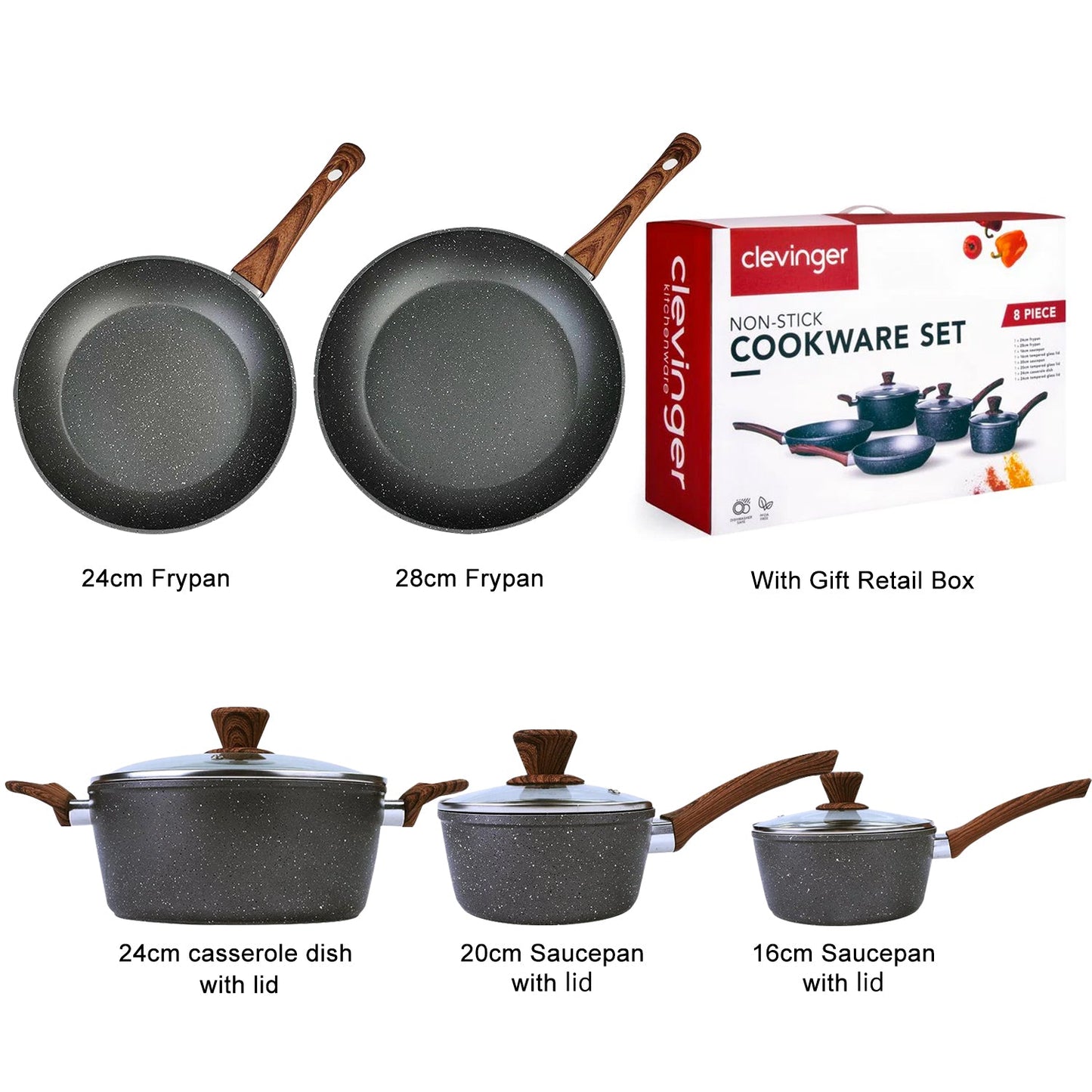 5-Piece Non-Stick Marble Coating Cookware Set with Frypans and Saucepans
