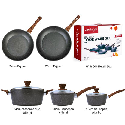 5-Piece Non-Stick Marble Coating Cookware Set with Frypans and Saucepans