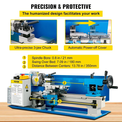 VEVOR 7"x14" Mini Metal Lathe 0-2500 RPM Variable Speed Benchtop