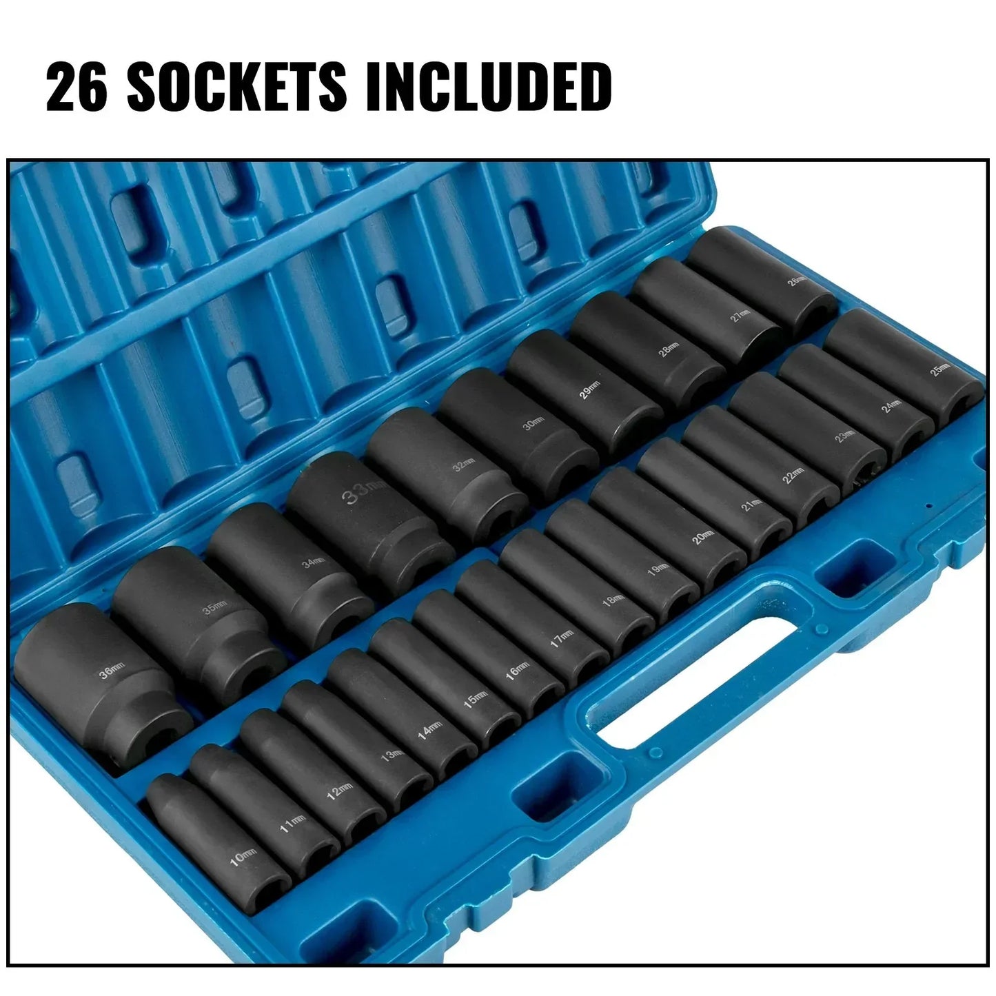 VEVOR 26pc 1/2" Drive Impact Socket Set Metric 10-36mm Deep 6-Point