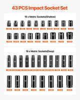 VEVOR 43pc Impact Socket Set 6-Point Metric 9-30mm Standard Deep