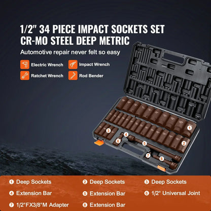 VEVOR 34pc 1/2" Drive Deep Impact Socket Set Metric 8-36mm Cr-Mo