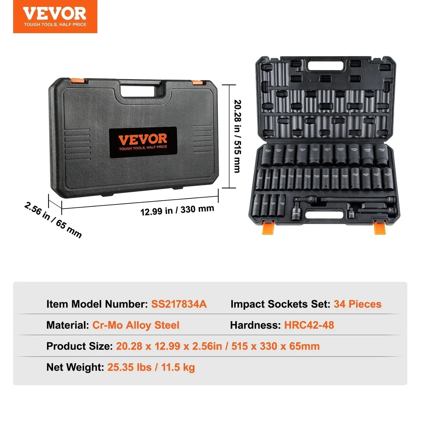 VEVOR 34pc 1/2" Drive Deep Impact Socket Set Metric 8-36mm Cr-Mo