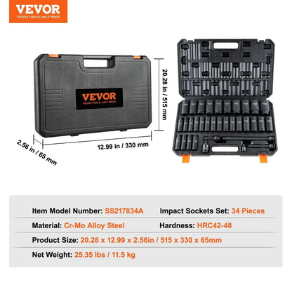 VEVOR 34pc 1/2" Drive Deep Impact Socket Set Metric 8-36mm Cr-Mo